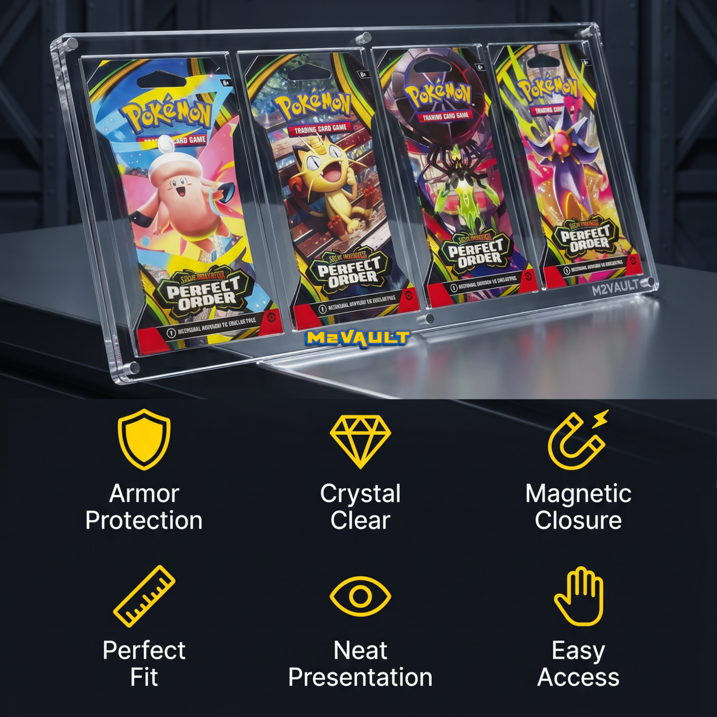 Pokémon Sleeved 4-Pack Acrylic Display Case with Stand – Magnetic Lid, UV Protection