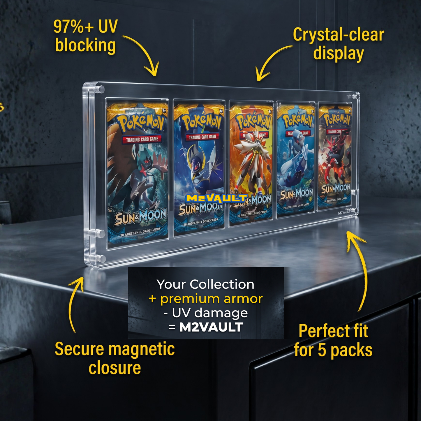 Pokémon 5 Booster Pack Acrylic Display Case with Stand – Magnetic Lid, UV Protection | 5-Pack Protector