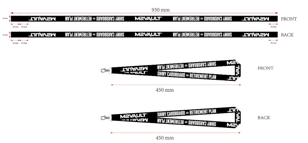 M2VAULT collector lanyard dimensions and double-sided print layout