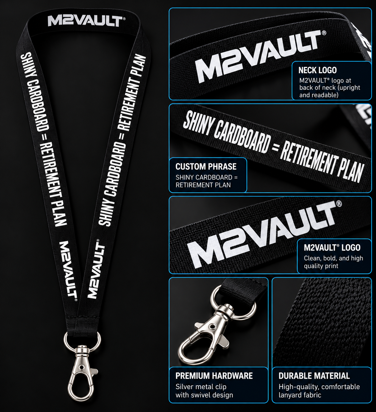 M2VAULT collector lanyard features including silver swivel clip and branded print
