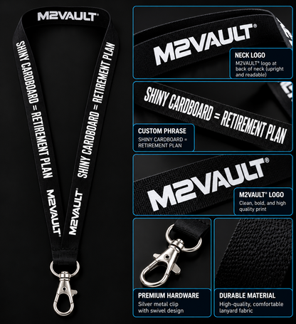 M2VAULT collector lanyard features including silver swivel clip and branded print